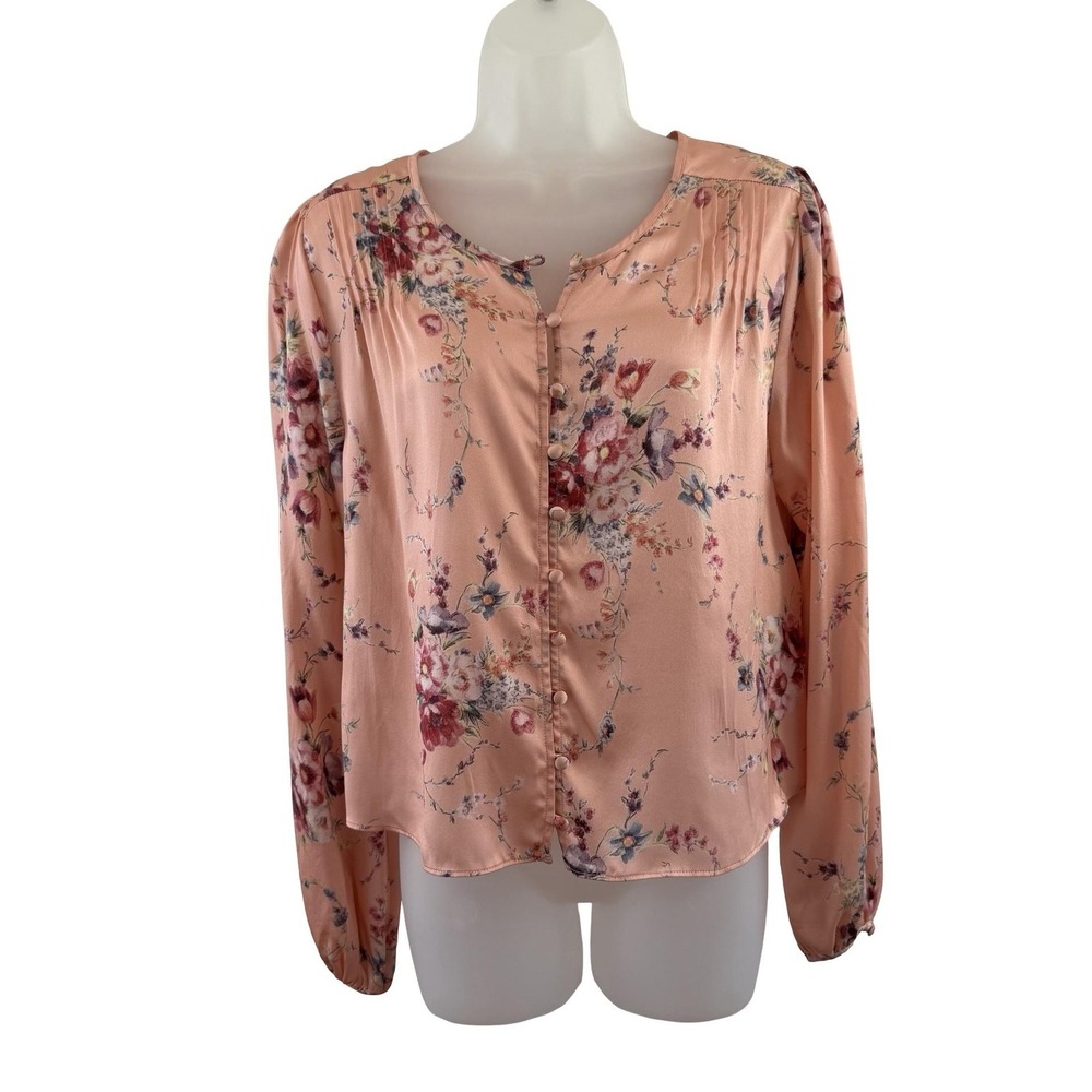 LoveShackFancy Blouse Womens Small Pink 100% Silk Floral Button Front Satin Top